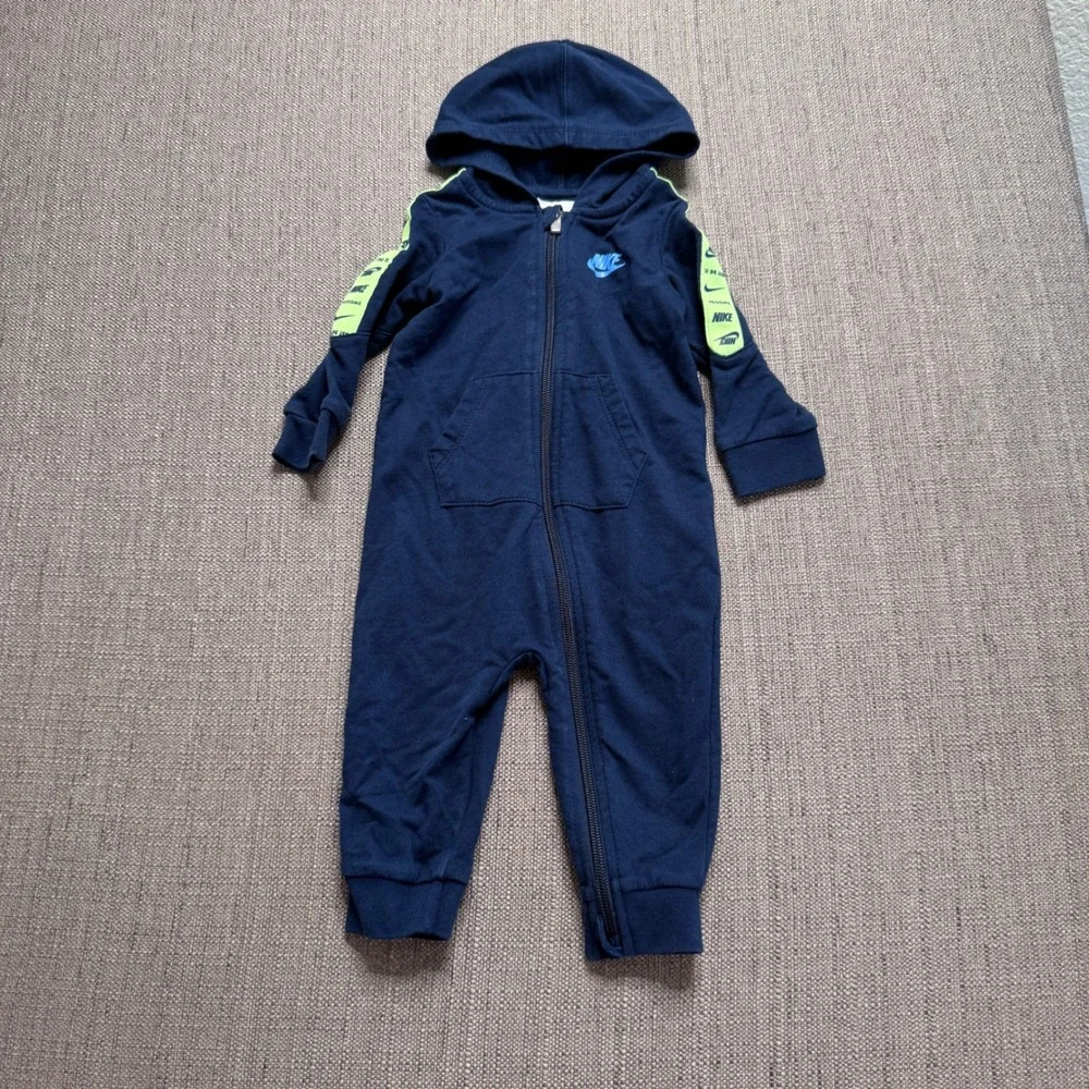 Nike Baby Hooded Coverall Navy Blue Neon Green Logo Tape 9M Romper 0719